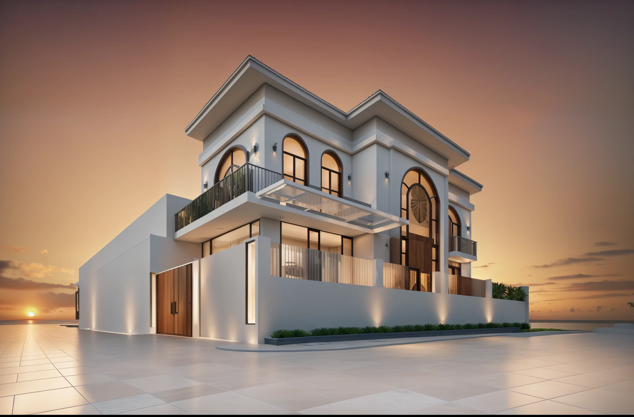 RAW photo,Masterpiece, high quality, best quality, super detail, townhouse, modern house with (tile wall:1.2), glass windows, (wooden ceiling:1.1), railing glass, main door conwood,tropical trees, sunset, beautifu sky, (high detailed :1.2), 16k uhd, dslr, soft lighting, high quality, film grain, 3dmax vray