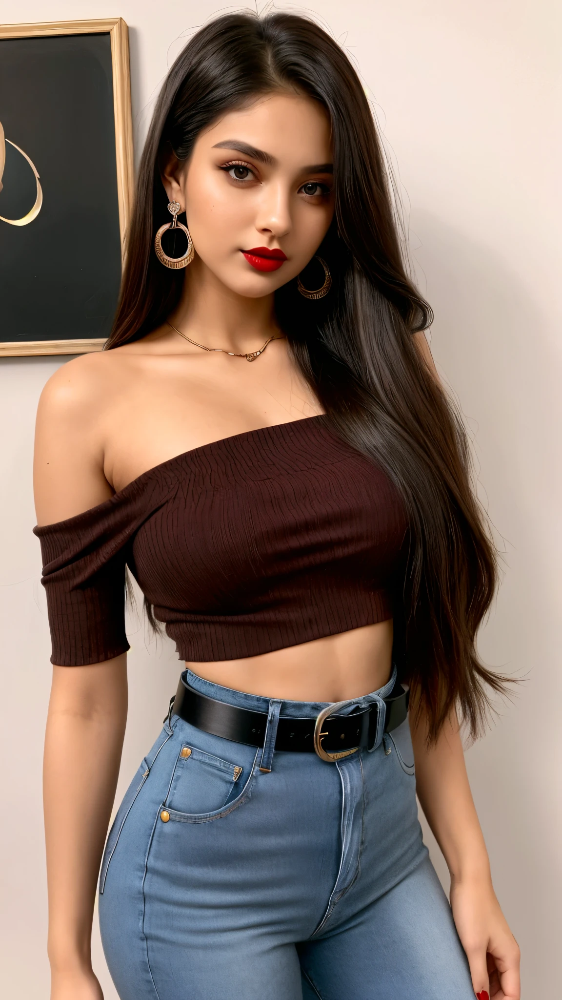 Beautiful 20-year-old brunette girl with fair skin, long straight black hair with red lipstick and wearing blue-eyed earrings wearing a black one-shoulder blouse and high-waisted jeans showing her belly button