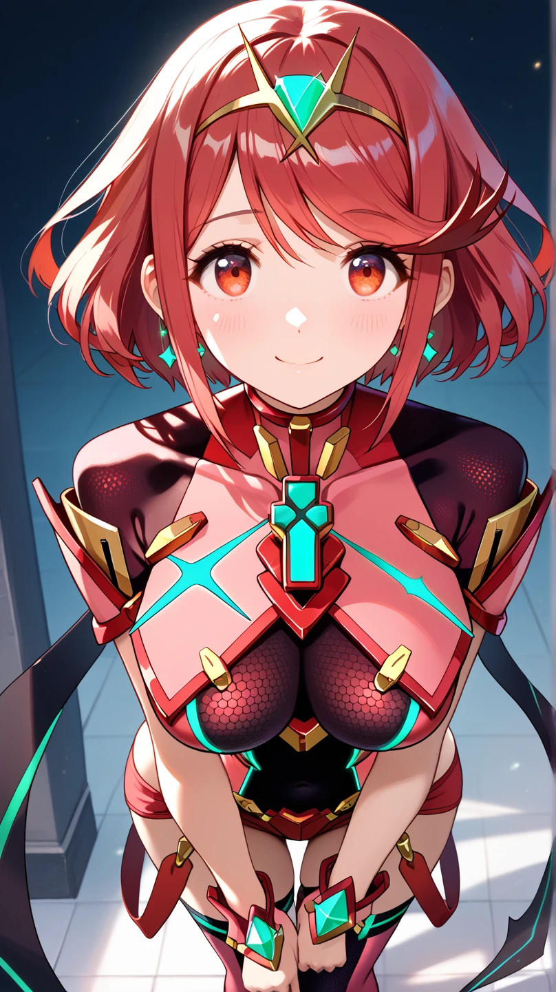 (highest quality:1.2, Very detailed, up to date, Vibrant, Ultra-high resolution, High Contrast, masterpiece:1.2, highest quality, Best aesthetics), round face, very cute face, (((1 girl))), pyra \(xenoblade chronicles 2\), red eyes, masterpiece, maximum quality, 4k,  ultra detailed, pyra's cosplay, standing, leaning slightly forward, bright smile, crystal red eyes, round face, soft light, shiny hair, friendly smile, thighs slightly large, hips slightly wide, 3 quarters of the body, looking at the viewer, front, high angle view, big chest, black chest