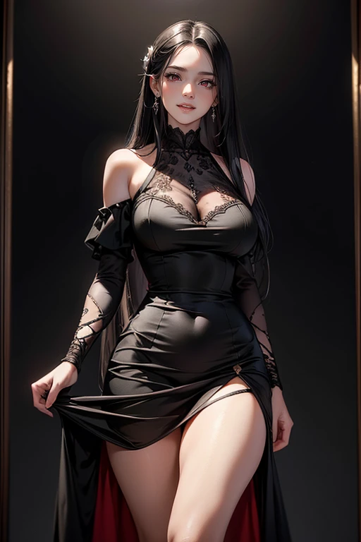 4k, ultra hd, masterpiece, 1 girl, detailed eyes, very long hair, spreading hair, hair ornaments, glossy lips, black princess dress, lace, criss-cross strap dress, bare waist, small breasts, jwellery, earring, necklace, high lighting, dark shadow, window background, blowing iar, realistic effect, very beautiful background, crystals,