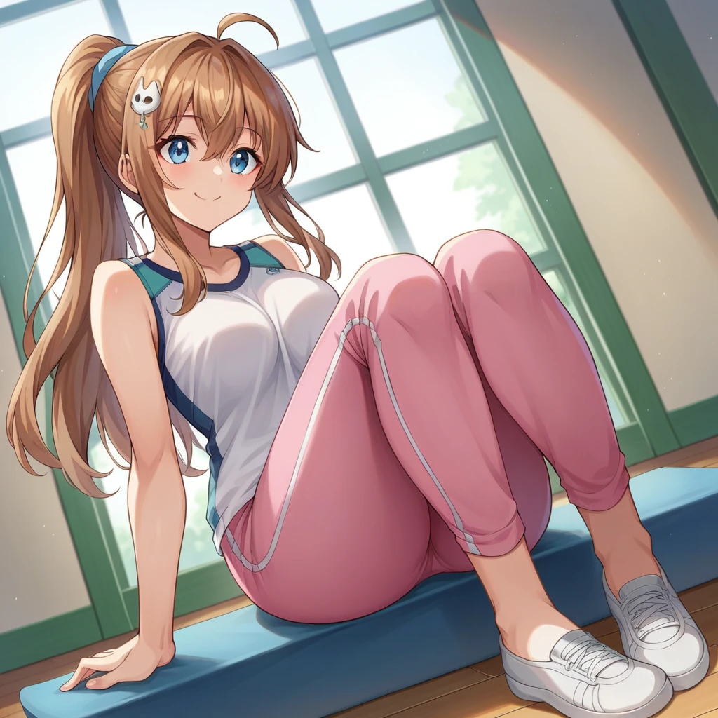 score_9, score_8_front, score_7_front, white background_anime, ponytail, long hair, white T- shirt sport, smile, full body,  mariamikhailovnakujou,mariamikhailovnakujou, long hair, bangs, brown hair, hair ornament, hair between the eyes, light blue eyes, Ahoge, solo, growing breasts, indoors, front angle, cowboy shot, dutch angle, without realizing, looking up,  front view, sleeveless, bewitching thighs, sit, baggy pink pants