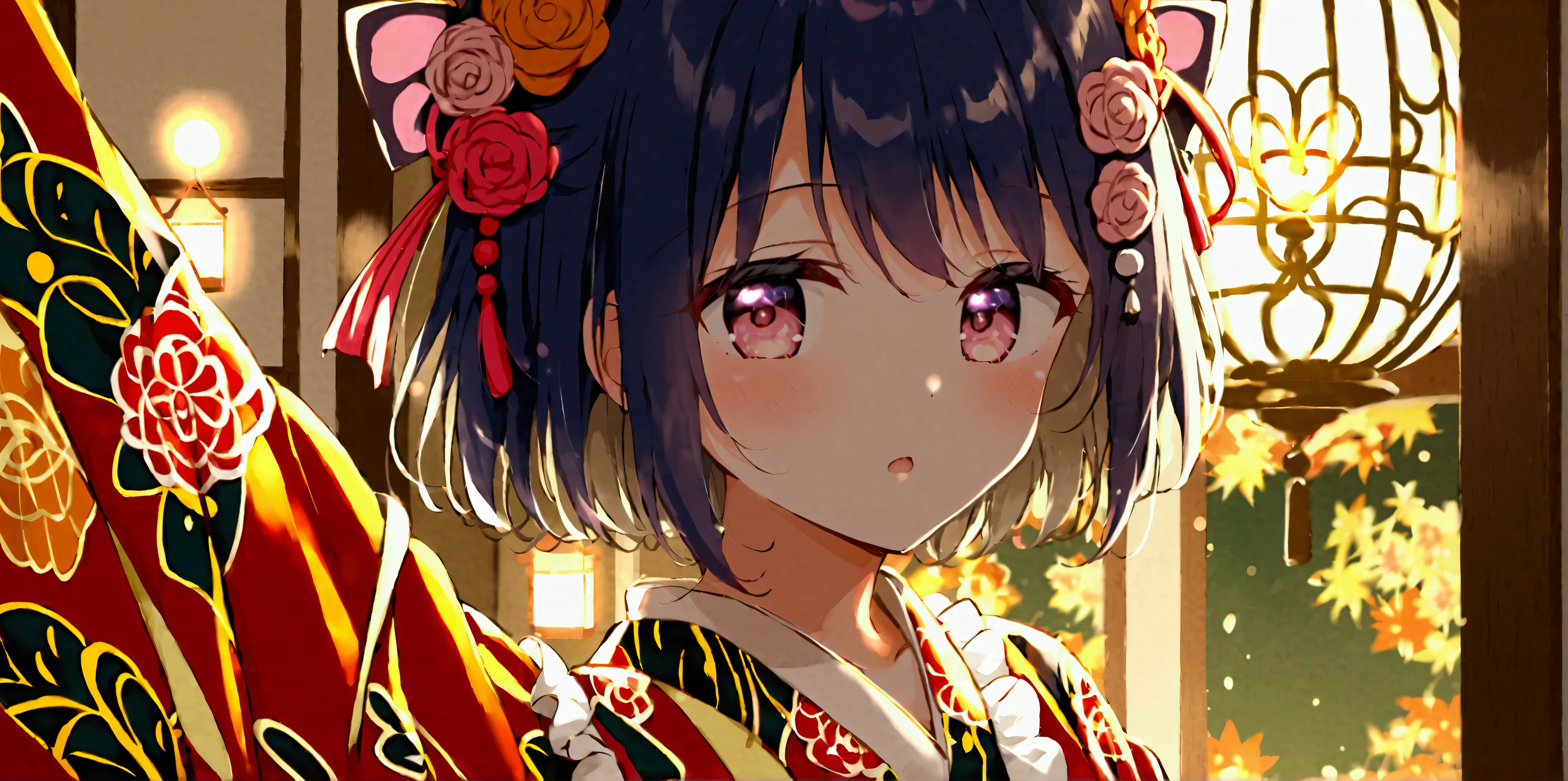 Whole bodyをしっかりと描写　Cute *********** 　 detailed depiction of clothes 　A girl is spreading her hands in kimono　Whole body　Mysterious　anime　No correction　Immoral　 High Quality　Fluttering　Frills　Beautiful eyes　lure　The background is detailed and 　 chandelier　 Halloween