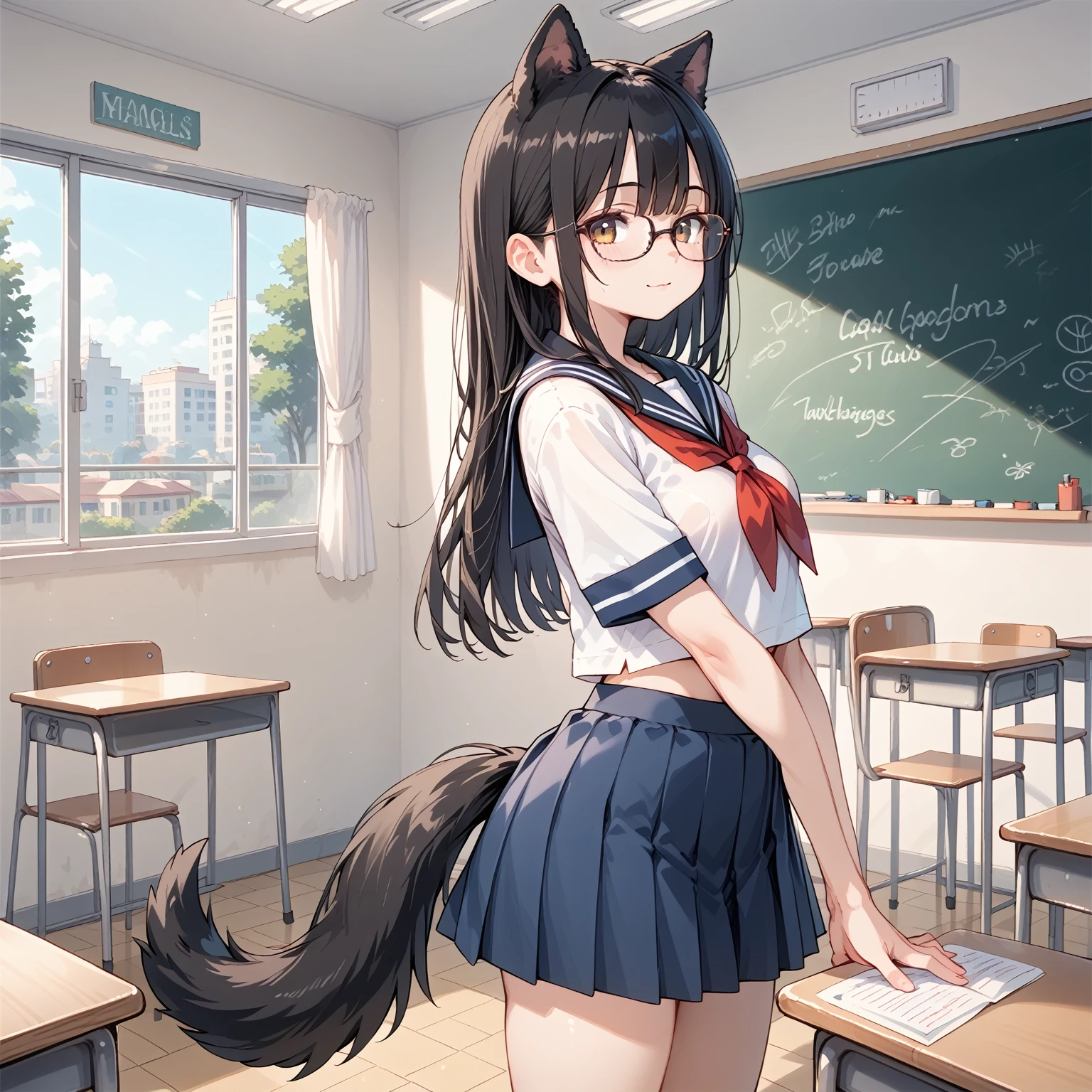 Black Hair, long hair,Glasses,Dog ears,Dog tail,Beastman. sailor suit,classroom, blackboard ,graffiti