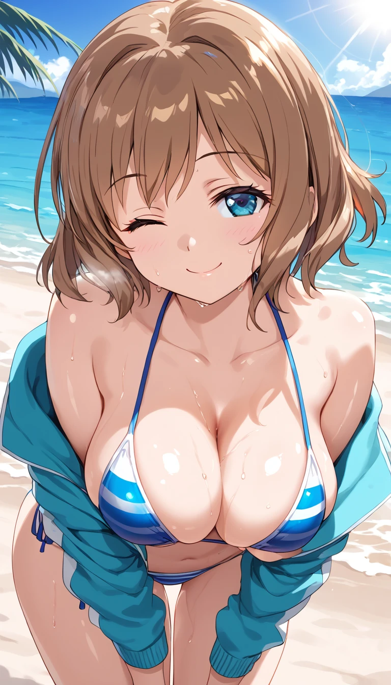 Best Quality,  soft light,  super high resolution, cute, beautiful face down to the smallest detail, High Resolution Details of Human Skin Texture, shiny skin,sweat,Heat,Hibiki Tachibana,Brown Hair,bikini,Take off your jacket,smile,whole body,Wink, closed mouth ,beach,sunlight, one girl playing pranks,Normal size breasts,Short Hair