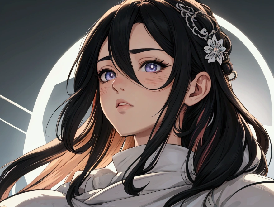 A close-up anime-style illustration of a character's face, shown in profile view from the right side. The focus is on their large, expressive eyes with vibrant black irises featuring intricate reflections, highlights, and detailed eyelashes. The left eye is prominently displayed, gazing upwards and to the left, while the right eye is partially visible. Both eyes exhibit small speckles within the pupils, adding depth and realism. The character has flowing black hair with striking white highlights that frame their face, creating dynamic curves and waves that converge near the center. The hair strands are rendered with varying shades of white and black, adding texture and movement to the composition. A small beauty mark is visible below the left eye, enhancing the character's unique features. The skin tone is light peach with subtle shading around the cheekbones, jawline, and under the chin, creating a smooth appearance. Fine lines and gentle blush marks adorn the cheeks, particularly noticeable near the left eye where a faint blush suggests emotion or reaction. The lips are slightly parted, revealing a hint of teeth, with a glossy sheen accentuated by soft lighting. The background transitions from dark green to black, providing contrast to the bright colors of the hair and eyes. Soft, diffused lighting comes from above and slightly to the left, casting gentle shadows that highlight facial features and add dimension to the illustration. The overall mood is intense, focused, and contemplative, enhanced by the high saturation, warm hues, and balanced luminance typical of anime art styles.
