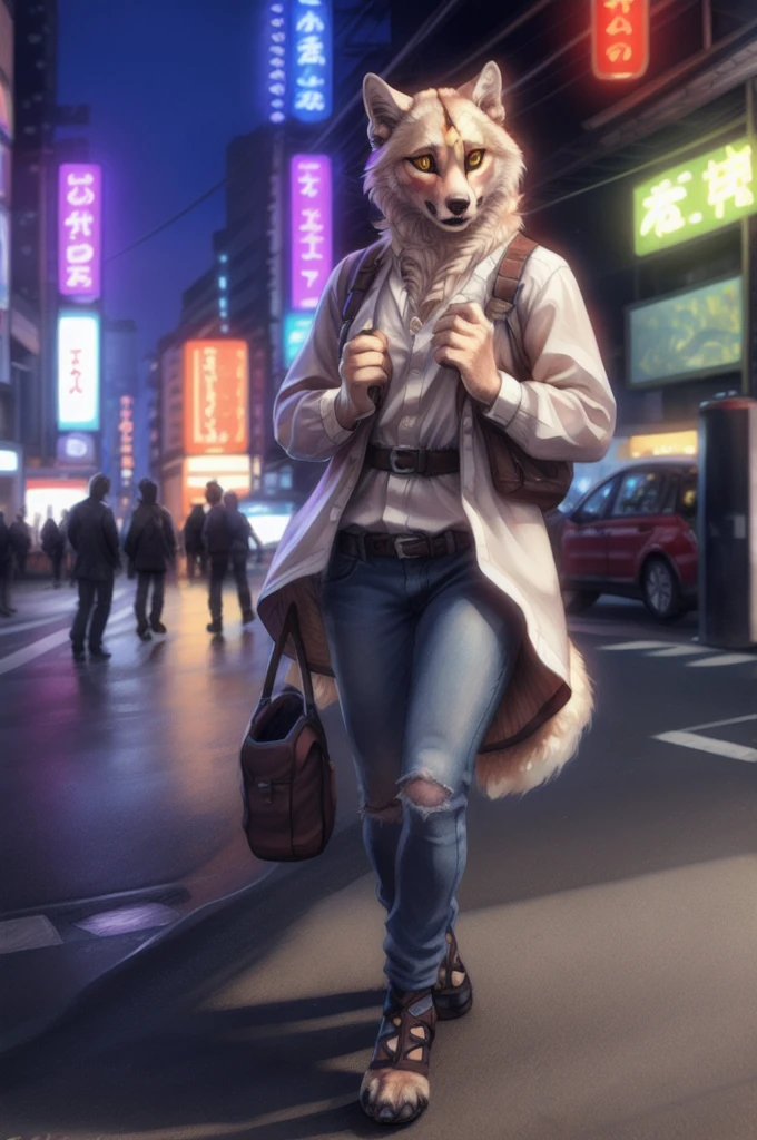 amateur \(eyes\), female, One, yellow eyes, black sclera , breast,  unsecured, 4 fingers, paws, claws, legs, Dressed, Dressed в чёрную толстовку, jeans,pink high heel sandals,marking, white wool, street, Tokyo, neon lights BREAK ,
by Rukis, by Personalami, from Kenket, (intricate,  high detail ,  film photo ,  soft focus , RAW genuine movie ,
 photorealism ,  Realistic , photo Realistic ,  analog style ,  scattering under the surface,
masterpiece,  better quality, ultra  Realistic , 8 k)