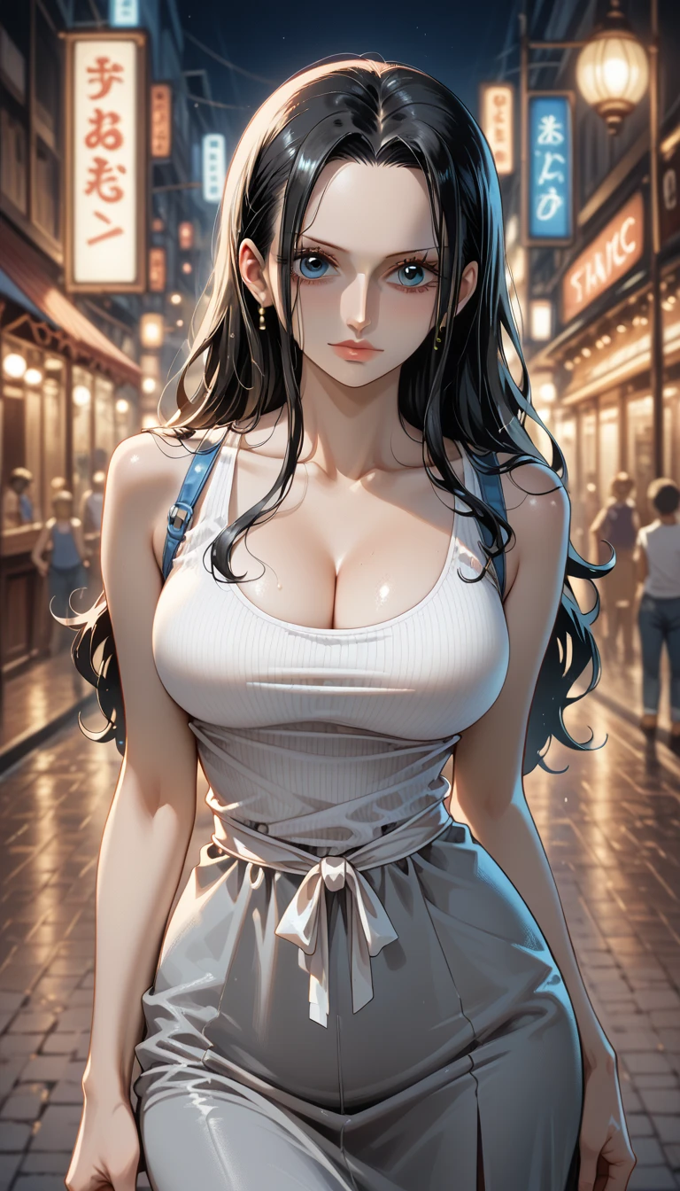 masterpiece, best quality, intricate details, 1girl, mature female, black hair, nico robin \ (one piece\), blue eyes, long hair, straight hair, hair slicked back, ((wearing grey dress tank top)), female focus, large breast, cleavage, wide hips, looking at viewer, ((front view)) ((close up shot)) ((solo)) detailed, very high resolution, no blurry image, cowboy shot, blue eyes, ((nico robin from one piece)) ((female nico robin from one piece)), outdoors, street, night