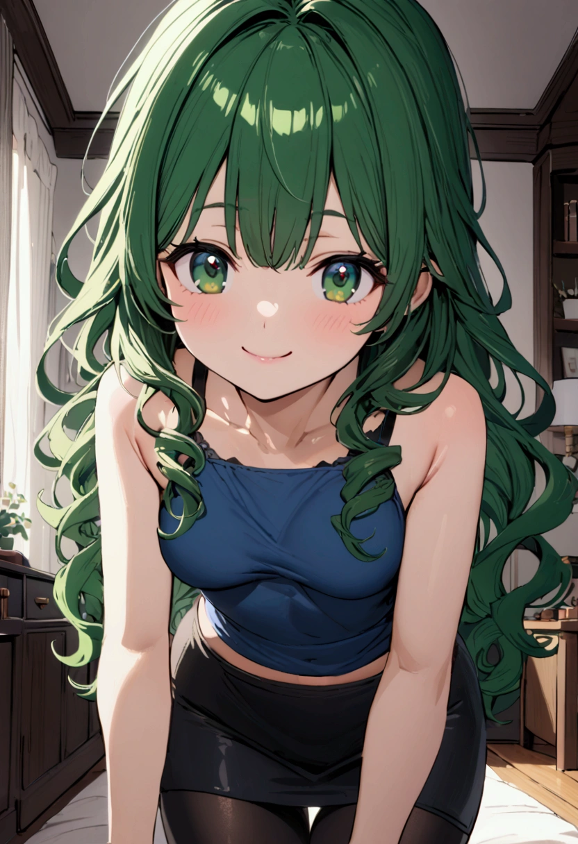 A petite woman, has a young face, emerald green eyes, emerald green tousled hair that curls at the ends, medium breasts, blue tank top, smile, black mini skirt, very sexy black stockings, white walls, room