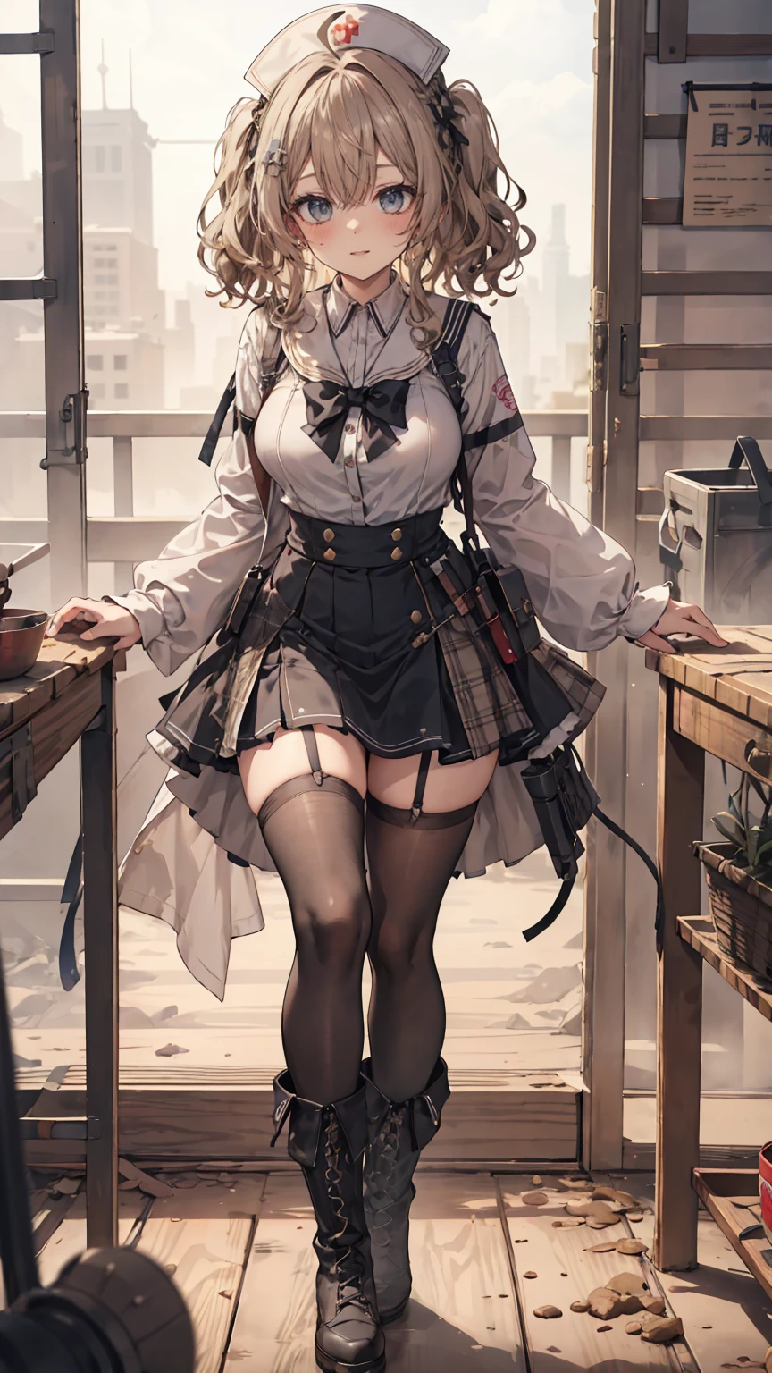 masterpiece, 1girl, sparrow, a light brown haired girl, wearing a sailor clothes, curly medium hair, messy hair, slim body, he close her left eye, shirt ornament, ruby eyes, ahoge, , bige breast, beautiful breasts, rounded breasts, long sleeves, beautiful eyes, white stocking, droopy eyes, skirt, black skirt, plaid skirt, her age is 19 years old, ricefield, bowtie, sailor collar, flared skirt, tight shirt, skirt, nagisa_bluearchive, lovely face, medium hair, lovely smile, curly hair, nurse cap, boots