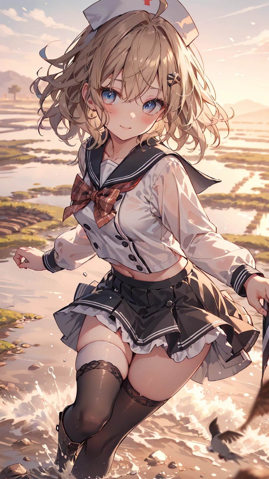 masterpiece, 1girl, sparrow, a light brown haired girl, wearing a sailor clothes, curly medium hair, messy hair, slim body, he close her left eye, shirt ornament, ruby eyes, ahoge, baby face, bige breast, beautiful breasts, rounded breasts, long sleeves, beautiful eyes, white stocking, droopy eyes, skirt, black skirt, plaid skirt, her age is 19 years old, ricefield, bowtie, sailor collar, flared skirt, tight shirt, skirt, nagisa_bluearchive, lovely face, medium hair, lovely smile, curly hair, boots, nurse cap