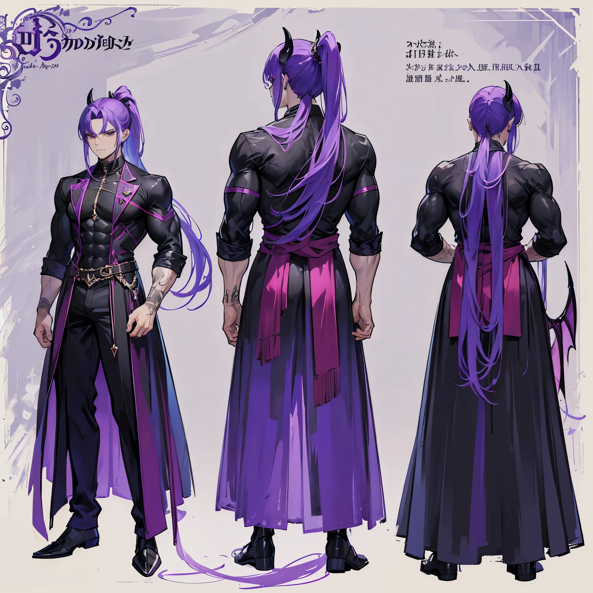 (Masterpiece, best quality), detailed, 1 man, ((character concept art)), ((character design sheet, same character, front, side, back)), full body, body complete, 1 Male angel, 1 Man angel, Detailed face, character design sheet，full bodyesbian, Highly detailed, character sheet, character design, Many parts, dark skin, angel wings, long ponytail purple hair, angel outfit, muscle male god, male clothes, masculine, muscle man, male muscle, manly, male angel, Muscle male with long ponytail purple hair，beautiful man, beautiful muscle man