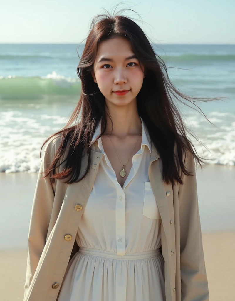 Beautiful view of the divided coast,Girl in charming nautical costume,white skirt,(eyes with brightness,Sun-kissed skin,Carefree expression),beach sand background,lighthouse,Gentle sea breeze,playful pose,composition,Golden hour lighting,vague background,rich colours,finely detailled,hyper realisitc,50mm lens,Lighthearted atmosphere。Portrait Photogram,35mm film,natural blurry