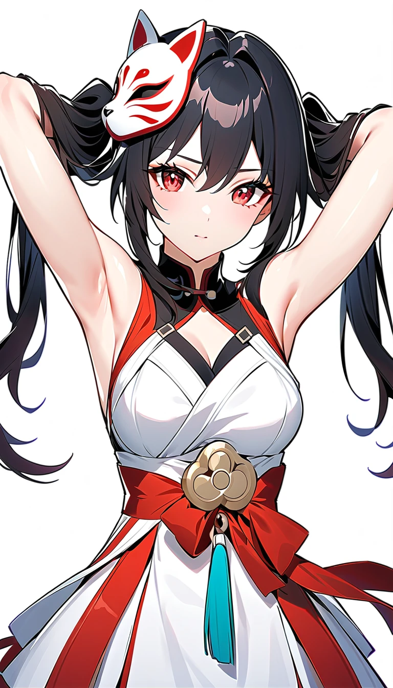 score_9, score_8_up, score_7_up,1 girl, solo, shiny skin, sparkle \(honkai: star rail\), 1girl, twintails, black hair, medium breasts, red eyes, red eyeshadow, fox mask, blank space, blank background, hands up, hands tying hair, hands on hair, armpit