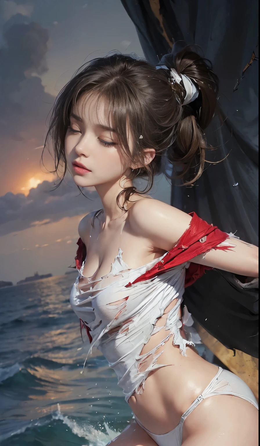 (high quality), (masterpiece), (detail), 8K, Hyper-realistic depiction of a futuristic Japanese character (1girl1.2), amidst a shocking bloodbath with sharks. Meticulous details capture the intensity, blending of tradition and futuristic elements in this stunning and dramatic visual composition. Trending on Artstation, slightly nude transparent clothing