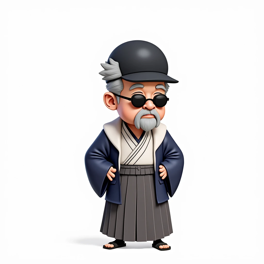  wear a haori hakama 、 wears the uniform of the Japanese national team 。
At your feet、Tabi socks。Wearing sandals。
moustache、 has a gentlemanly beard 。
 wears small black round sunglasses。
Fat grandpa with gray hair 。