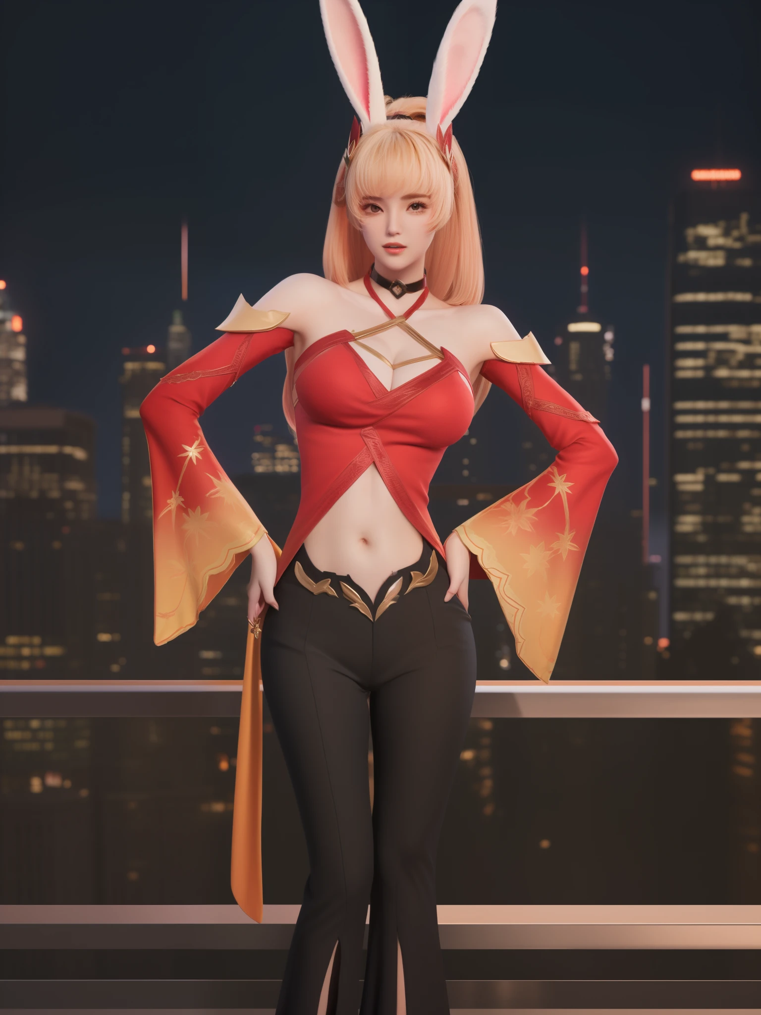 WZRYgongsunliYP, 1girl, solo, long hair, breasts, rabbit ears, bangs, parted lips, navel, clothing cutout, ponytail,wide sleeves, blonde hair,choker,dress,pants ,cityscape, night,looking at viewer, mature female, hand on hip,  hair ornament,