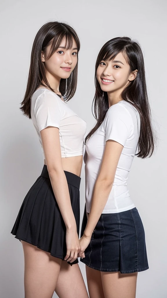 highest quality,masterpiece,Ultra-high resolution,Original photo, Ultra-high resolution,Two Girls:1.5,Slender body, Full nude Body,high waist,Flashy makeup using red eyeshadow,Big smile,Short cut with subtle side waves,whole body,studio background,topless nude, erect nipples, ((fully naked)), pink skirt