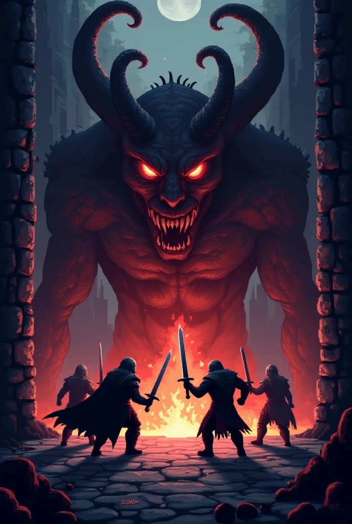 Fierce goblins attacking a medieval night town, surrounded by blood and death, horror, fog, darkness