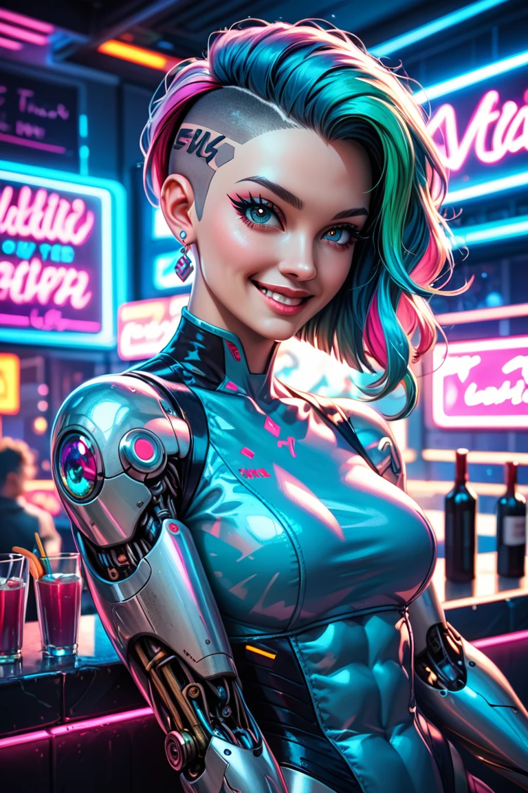 score_9, score_8_up, score_7_up, Portrait, cyberpunk dancer, lively, mischievous smile, vibrant eyes:0.3, plush lips, toned body, wild hair, asymmetrical cut, (mechanical legs), shimmering outfit with neon highlights, intricate design, leaning on a bar counter, neon signs around, vibrant colors, night street setting, 4n1v3rs3, depth of field, dynamic angle, street fashion style, sharp, hyperdetailed:1.15