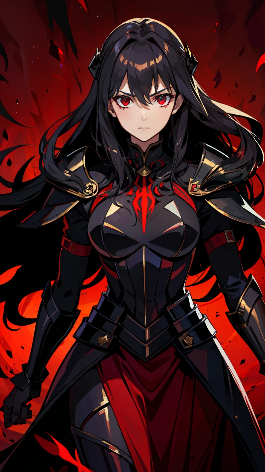 Anime, Demon, red skin, red blood eyes, long black hair, knight, tall, mask, mediavel, evil, very angry, 1 meter 90 height, long tail, mask, Sword, muscle, lady girl