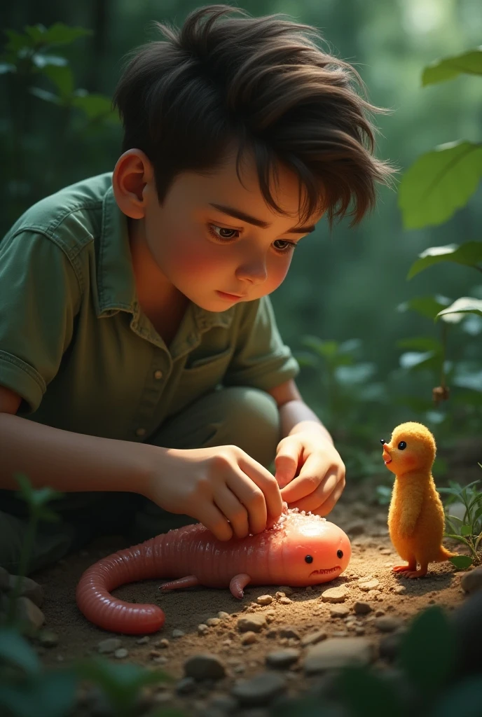 create a realistic boy with a red shirt with mario bros face print , very short, light brown hair and fair skin, lightbrown eyes, fine nose, no freckles,thin body holding plush pokemon charmander in hand, sad little face of nausea