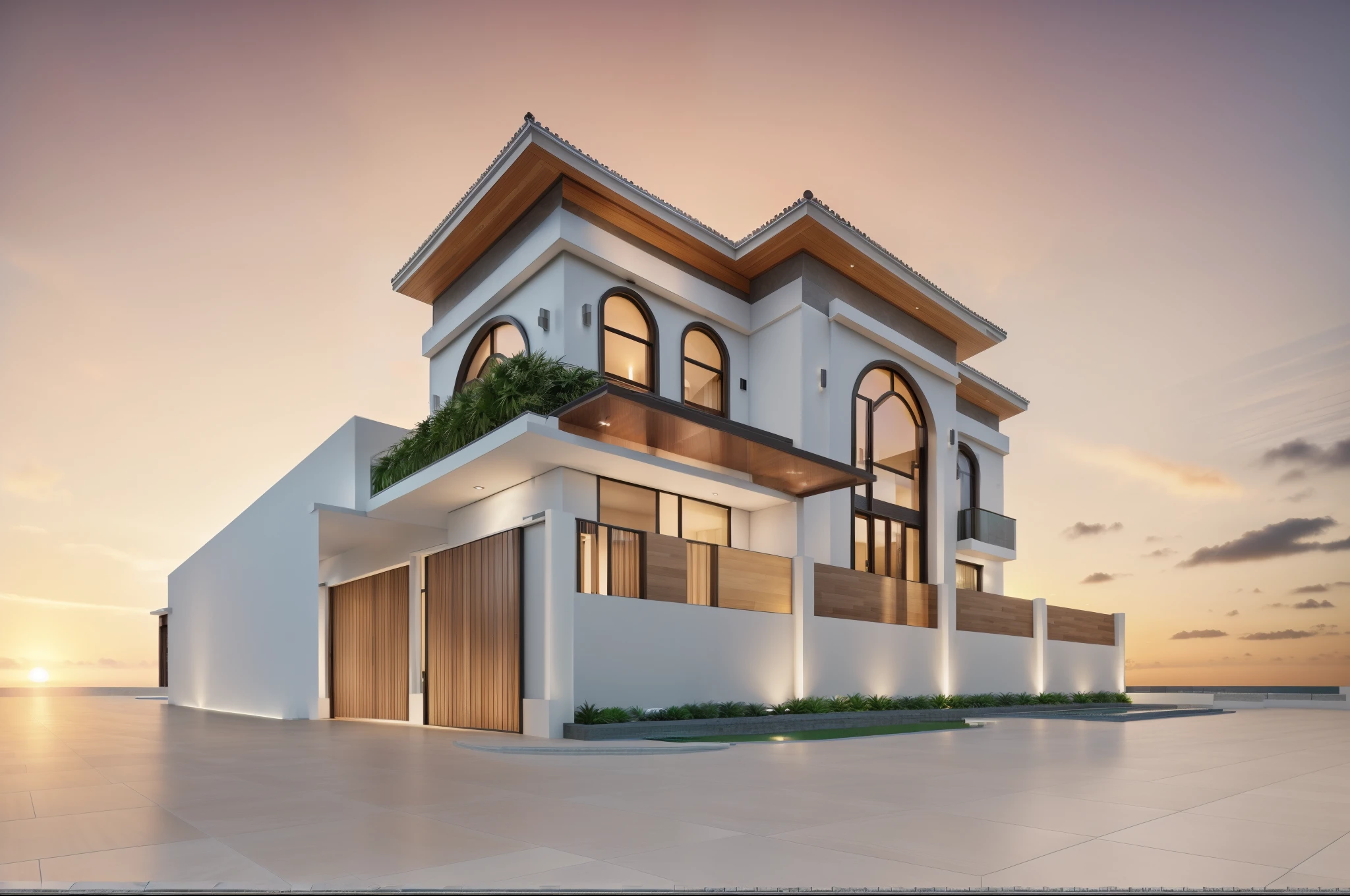 RAW photo,Masterpiece, high quality, best quality, super detail, townhouse, modern house with (tile wall:1.2), glass windows, (wooden ceiling:1.1), railing glass, main door conwood,tropical trees, sunset, beautifu sky, (high detailed :1.2), 16k uhd, dslr, soft lighting, high quality, film grain, 3dmax vray