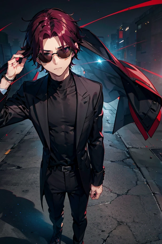  black background with spotlights,maleのキャラ、  burgundy hair ,Blue-black eyes、gender: male、1 person（Wear thin sunglasses）sketch （ 笑face、nihilism々face、whole body 、whole body黒の服装)