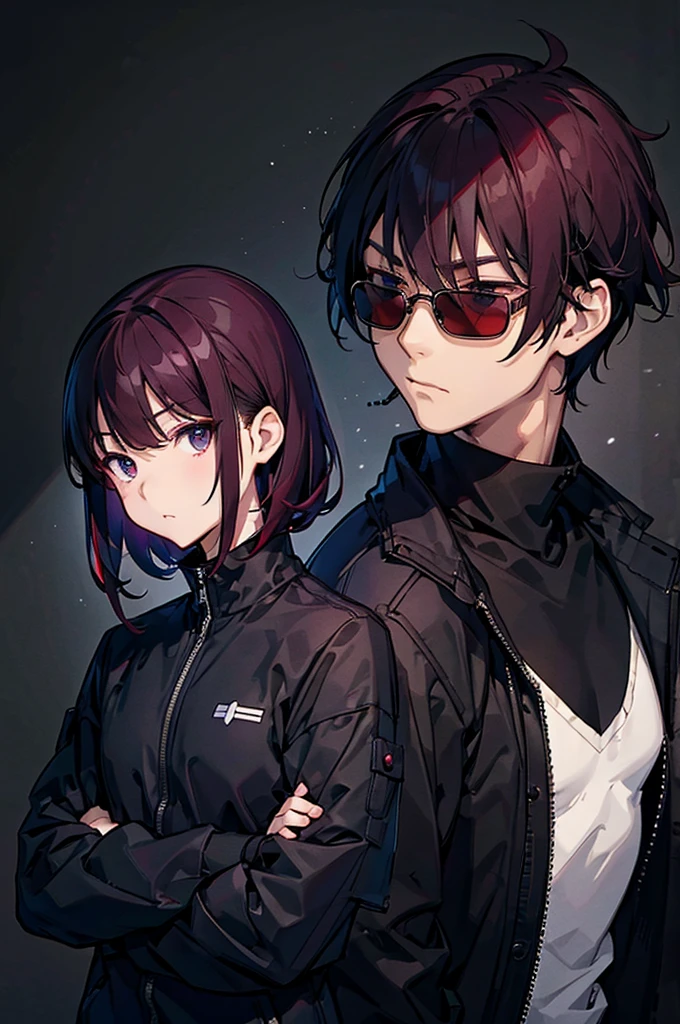  black background with spotlights,maleのキャラ、  burgundy hair ,Blue-black eyes、gender: male、1 person（Wear thin sunglasses）sketch （ 笑face、nihilism々face、whole body 、whole body黒の服装)