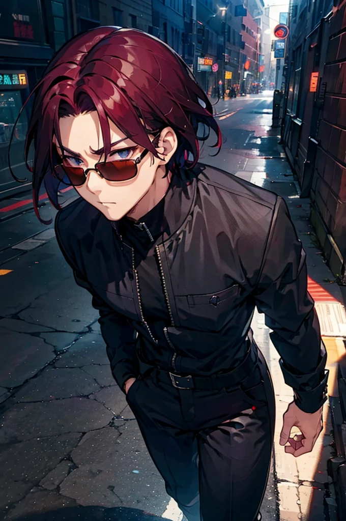  black background with spotlights,maleのキャラ、  burgundy hair ,Blue-black eyes、gender: male、1 person（Wear thin sunglasses）sketch （ 笑face、nihilism々face、whole body 、whole body黒の服装)