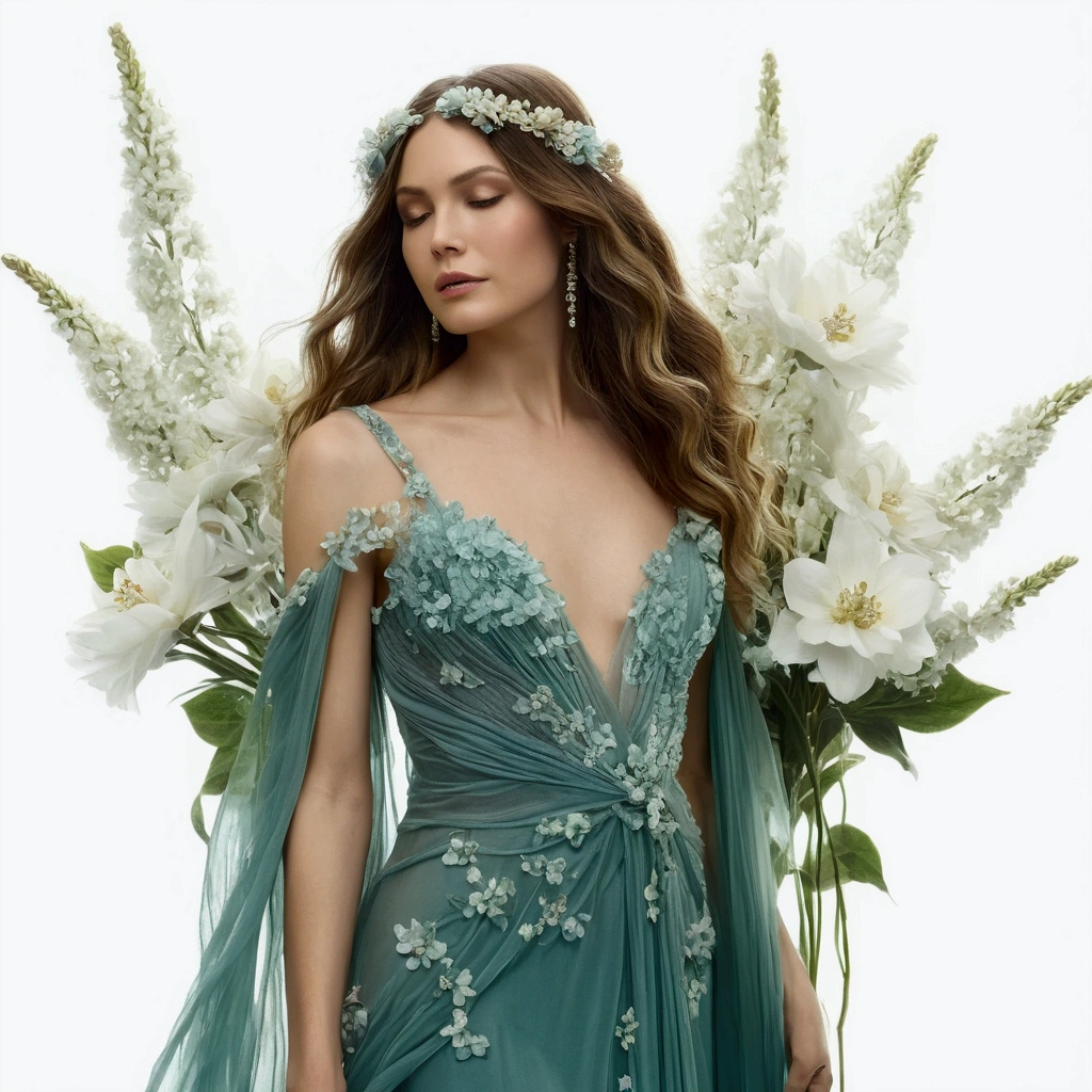 A beautiful woman stands gracefully among large, soft teal and white flowers. She wears a flowing, sheer teal gown with delicate details, exposing her shoulders and showing a slight slit in the skirt. The scene is ethereal, with a dreamy and soft light filtering through, creating a mystical atmosphere. Her hair is styled in loose waves, adorned with small flowers, and she has a gentle, elegant expression. The setting is lush, filled with oversized petals and leaves, enhancing the surreal, fairy-tale quality of the scene.