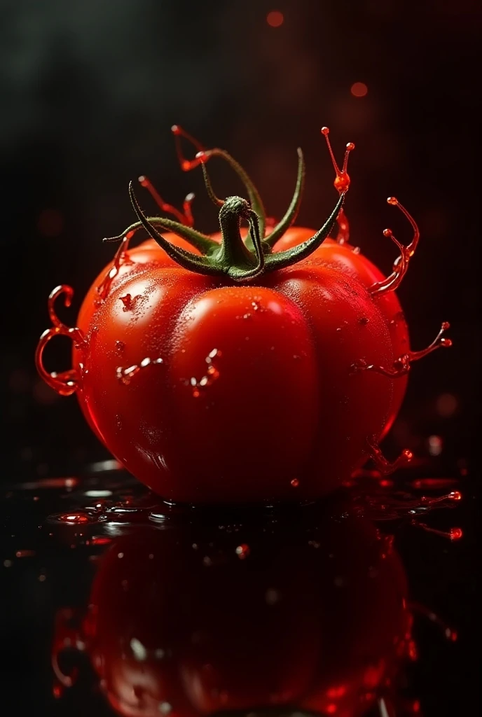 a close-up shot of a ripe tomato, showcasing its vibrant red color, glossy skin, and the tiny droplets of water on its surface