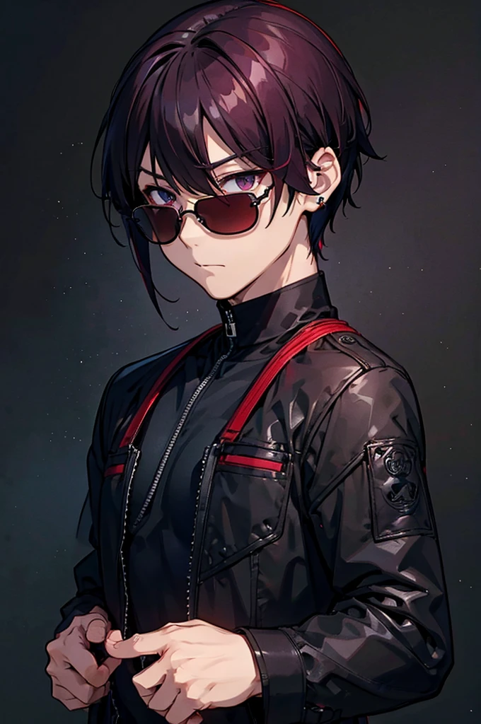 black background with spotlights,maleのキャラ、  burgundy hair ,Blue-black eyes、gender: male、1 person（Wear thin sunglasses）sketch （ 笑face、nihilism々face、whole body 、whole body黒の服装)