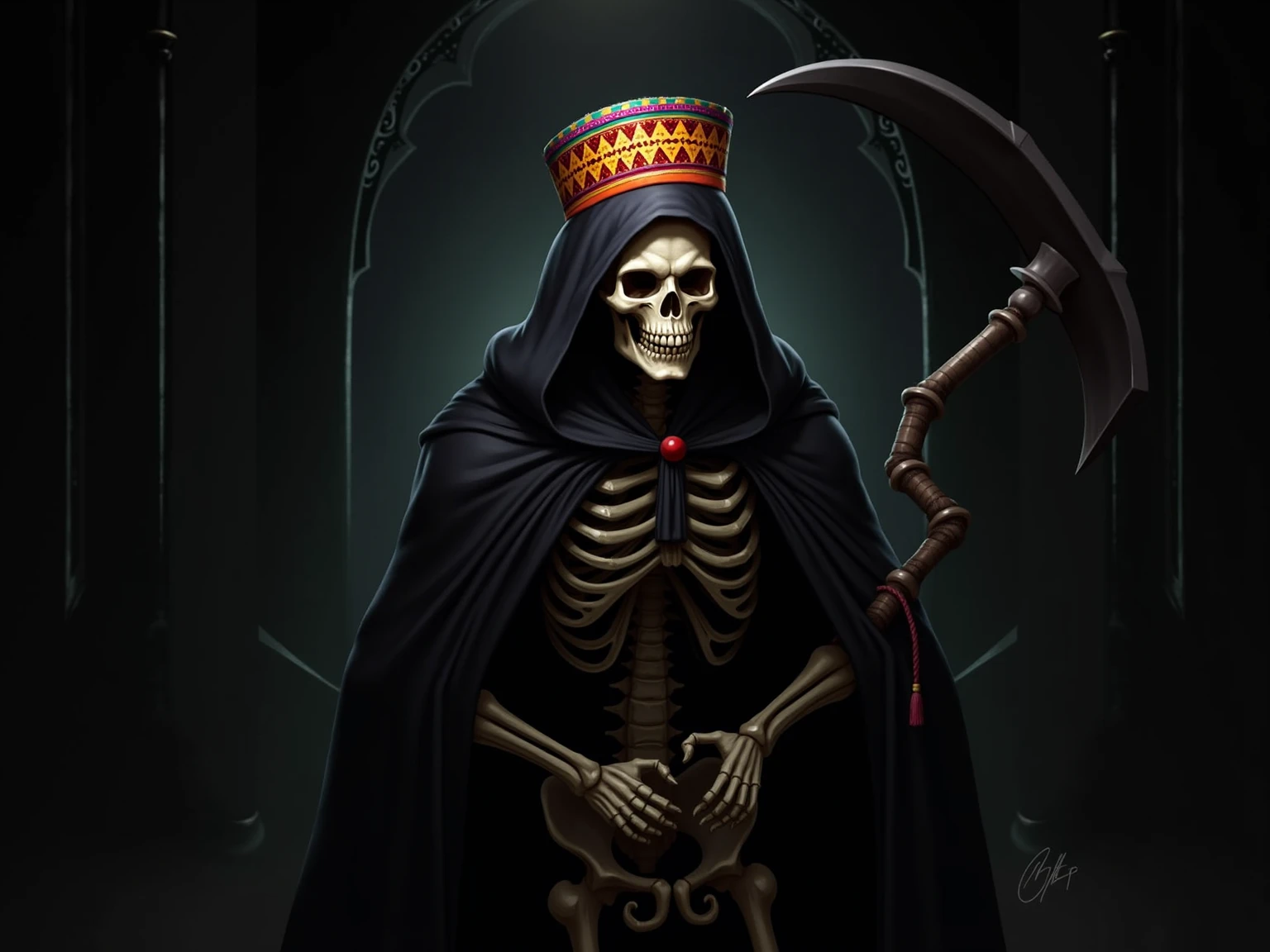 Old skull,with a gold crown,sentada em um trono de pedra,black mantle,leaning on a cane,in an old cemetery,smoking a pipe