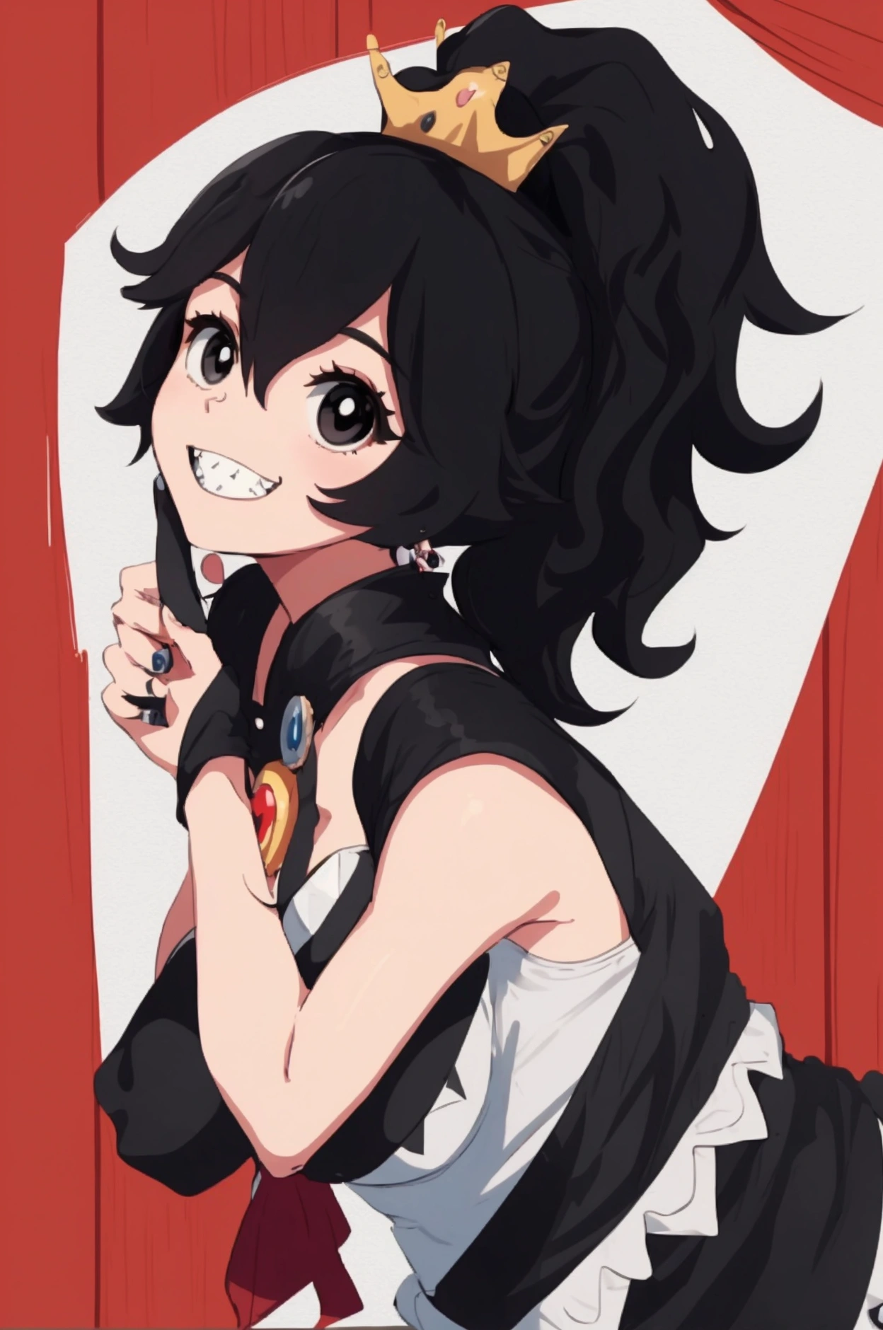 masterpiece,  chompette, black hair, ponytail, smile, sharp teeth,think,hand(left) on chin