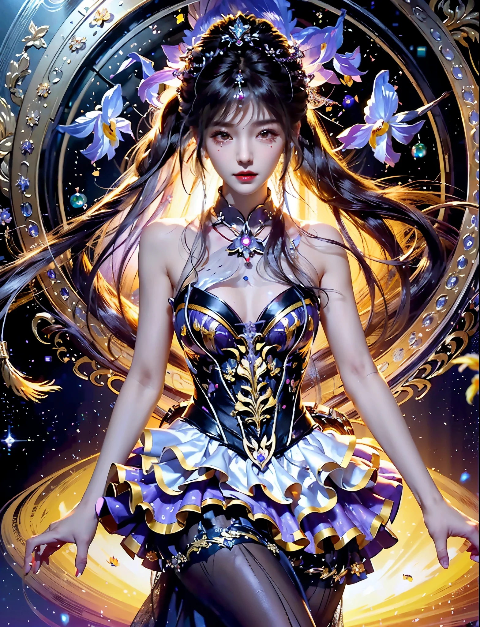 Purple Hair, One 20-year-old girl, 1. Goddess Athena, Pink purple silk dress, The beautiful, flawless face of the goddess Athena, delicate yellow nightgown, Lots of sexy black lace detailing、Long sheer sequined nightgown, A beautiful pale red silk half veil, Legends of female saints, Icons of female saints, Beautiful goddess-like glitter, Dark and mysterious version, Vermilion lips, Plump red lips, ((口をclose:0.9)), Complete teeth, Symmetrical incisors, Bright white teeth, ((Angry face:0.8)), delicate and beautiful pino detailing, delicate and beautiful lip detail, (Pure and perfect face: 1.9), Female Eucharist, Round Breasts, 大きくてRound Breasts, Phoenix Brooch, Long, flat bangs, Long black hair, Beautiful, clear face and well-proportioned eyes, (Light purple eyes with transparent irises: 1.8), (Big round eyes and makeup, Sexy wet eye makeup, So beautiful、Careful hair and makeup, long and delicate blonde hair, delicate, Body image: 1.8), shape: Brilliant and, (The stars that make up the sky々: 1.7), (The Gate of Heaven and Imaginary Time and Space: 1.8), Imaginary art, RAW Photos, hanfu pictures, Best Photos, High resolution, 最high quality, Best Photos, Best Goddess Quality, 8k female, Super 8 Single Saint Portrait, The most true color scheme, masterpiece, Best Beauty Brands, Best Hair Jewelry, Brand real photo, Dark studio, Border Light, Two-tone lighting, (Rosy white skin: 1.4), (High skin detail: 1.1), 8k uhd, SLR, Soft Light, 8k, high quality, Frank, Smooth and sharp volume, 10x more pixels, Sexy Goddess, Sexy Goddess, (Background Space: 1.8), (The most beautiful aurora eye: 1.7), Beautiful Eyes, The aurora is beautiful and flower-like, (Beautiful single women: 1.8), (see here:0.8), close, Approaching the Goddess, Clear and unrealistic