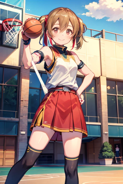 silica (sao), 1girl, standing, basketball uniform, at a basketball court, smile,  Accurate, Masterpiece, Solo, Anatomically Correct, 