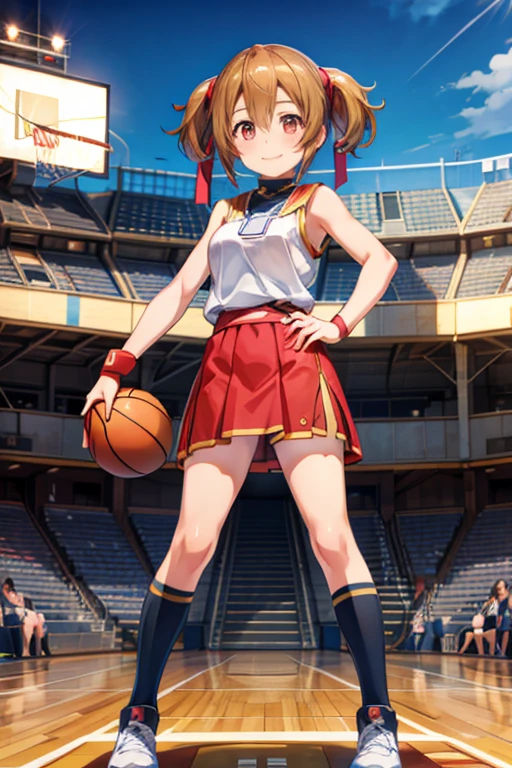 silica (sao), 1girl, standing, basketball uniform, at a basketball court, smile,  Accurate, Masterpiece, Solo, Anatomically Correct, 