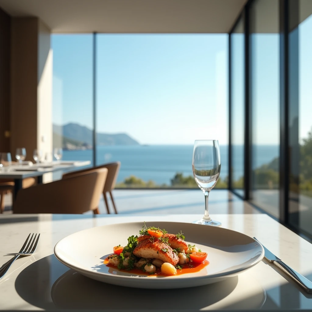 Artistic image of a modern minimalist elegant seafood dining room with a sea view in the background, Features a modern style glass windows. The design is heavily influenced by Zaha Hadid's Monica aesthetic.. The setting should be contemporary., bold design, close up of the camera focusing on the food..