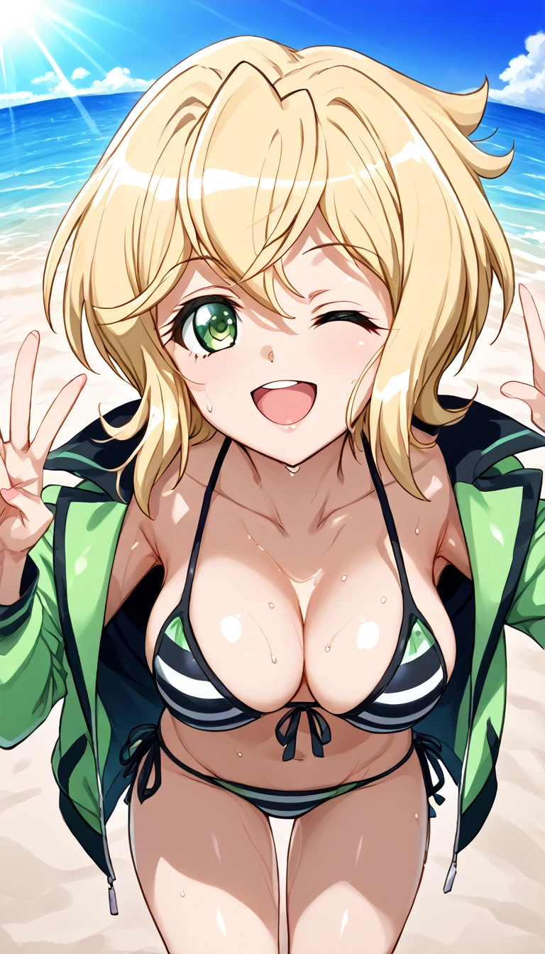 Best Quality,  soft light,  super high resolution, cute, beautiful face down to the smallest detail, High Resolution Details of Human Skin Texture, shiny skin,sweat,Heat,Akatsuki Song,Blonde,bikini,Take off your jacket,smile,Open your mouth,whole body,Wink,beach,sunlight, one girl playing pranks,Normal size breasts,Short Hair,,Symphogear,From diagonally ahead