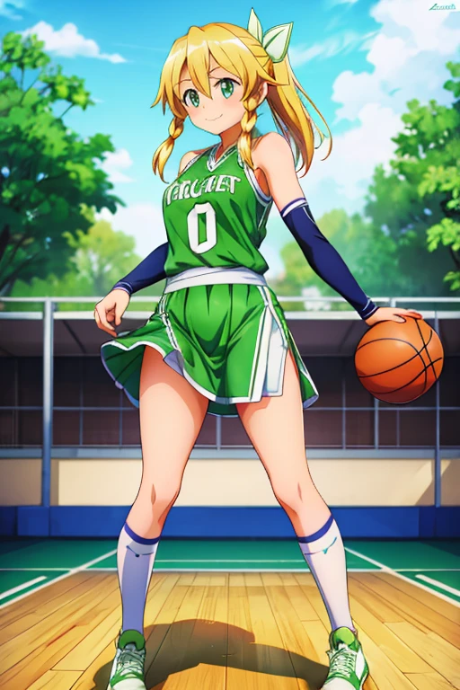 Leafa (sao), 1girl, standing, basketball uniform, at a basketball court, smile,  Accurate, Masterpiece, Solo, Anatomically Correct, 