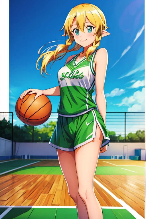 Leafa (sao), 1girl, standing, basketball uniform, at a basketball court, smile,  Accurate, Masterpiece, Solo, Anatomically Correct, 