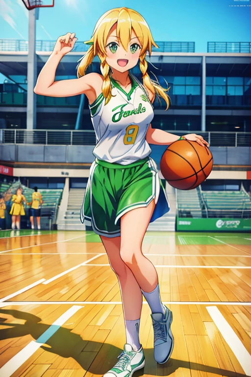 Leafa (sao), 1girl, standing, basketball uniform, at a basketball court, smile,  Accurate, Masterpiece, Solo, Anatomically Correct, 