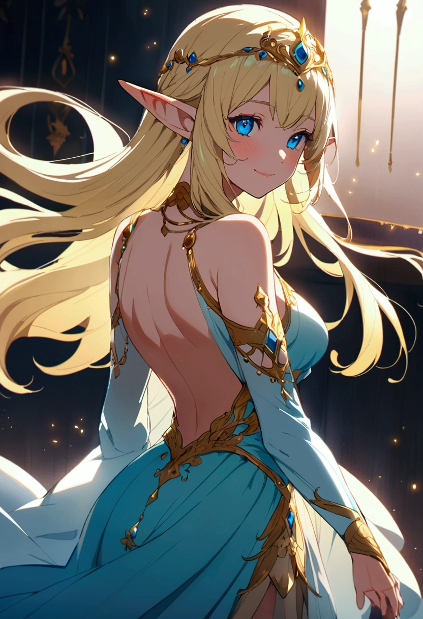 highest quality、Highest image quality、masterpiece、Super beautiful elf beauty from behind((22 years old OL big bust、bust 90,beautiful long ironed hair、blonde、globe、、slender、Close-up、Esbian、beautiful tiara、High quality、beautiful art、background((starry ski)))muste piece、visual art、Depth of bounds written、low angle of morning sky、、elf ears、、magic of light、space knight、harp melody🎵、A happy smile、gentle light、、Beautiful legs that are gentle on the skin、、、Number of fingers to achieve precise finger movements、ticker beautiful decorative、elegant、mystical　rosa、　heaven、marble columns, beautiful dressy、magnificent marble dome、giant galaxy、religious painting、embrace the earth、temple of time、great watch、hourglass、sundial、moment of creation！myth、alphonse mucha art、art nouveau、ancient greece、Rome、byzantine art、gold foil、Raphael&#39;s paintings、renaissance art、Lord of the Ring、sexy、friendly smile、lingerie、underwear、 body stocking. nsfw