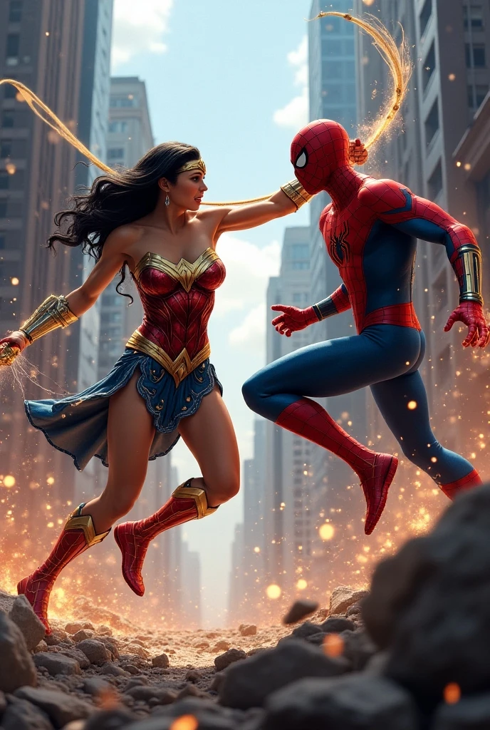 "Create a high-resolution 16K image capturing an epic battle between two superhero figures inspired by Spider-Man and Wonder Woman. The scene should show a fierce clash with dynamic poses and intense action, such as powerful strikes and defensive maneuvers. The background should depict a chaotic cityscape with dramatic lighting and shadows that heighten the tension of the scene. The image should be highly detailed with vibrant colors, emphasizing the strength and agility of both characters while maintaining clarity and sharpness in every aspect."