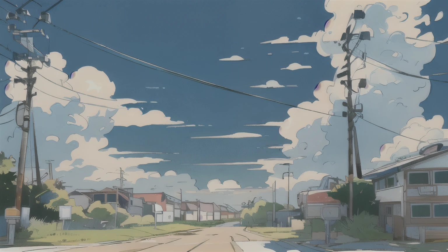 Outdoor, I'm not a human ,Home,cloud,glass,null,day,Power Lines,scenery,road,tree, Traditional Media ,Electric pole,sign,blue null, Building,cloudy null,water,masterpiece,Best Quality,太陽のday差しが眩しい