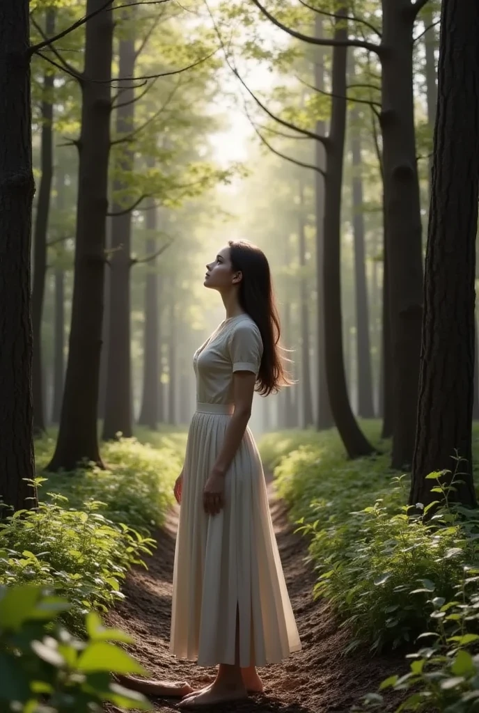 masterpiece、Best Quality、 beautiful woman looking up in a forest surrounded by trees 、tree々 The gentle sunlight shining in from between highlights the beauty of the forest、 calm and peaceful atmosphere 、The sound of birds singing 、 real、 Realistic、