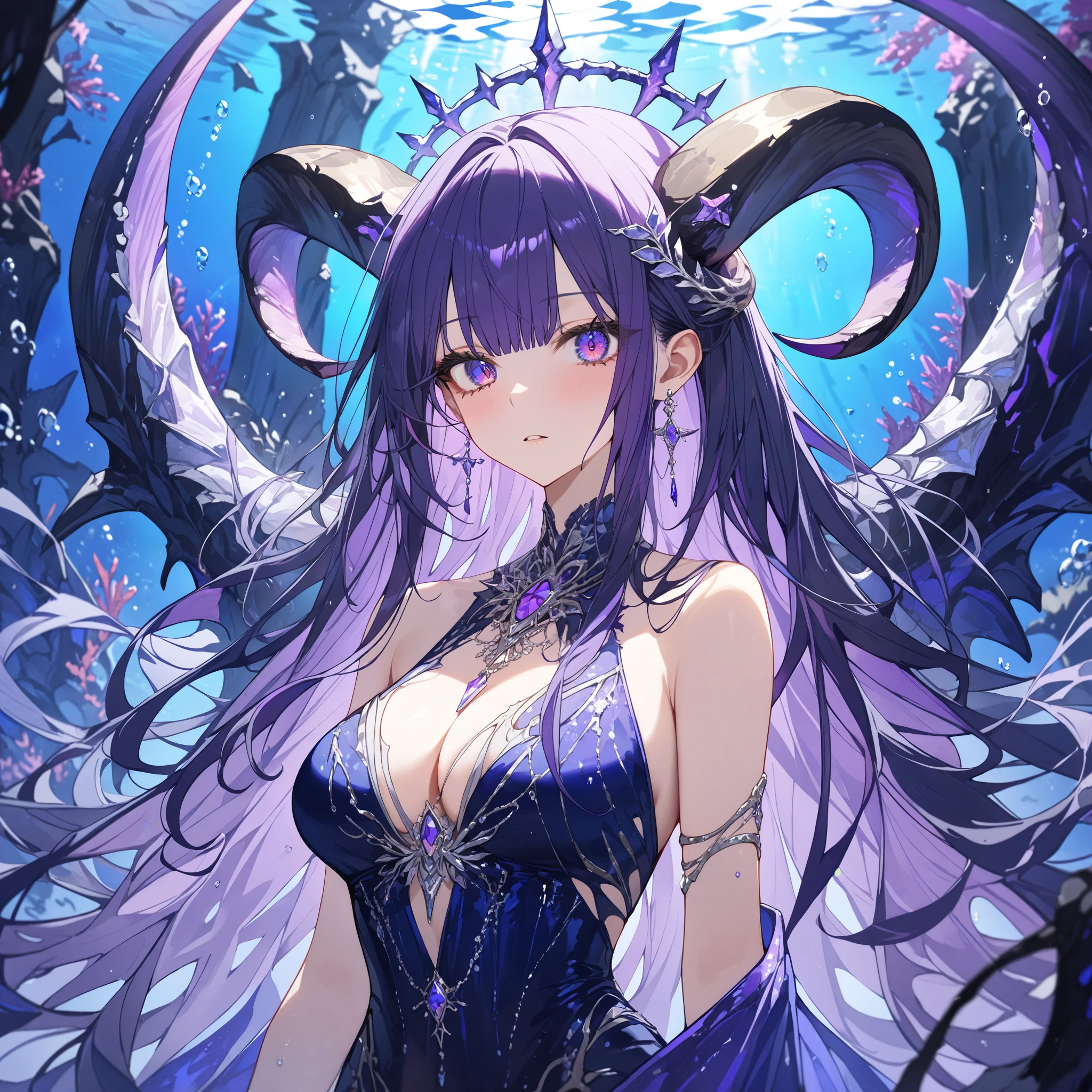 1girl, fallen goddess living in a new underwater world, huge horns, bright purple eyes, indigo hair, extremely long hair, multicolored eyes, side locks, partially torn dress with shimmering purple and white, upper body, throne, abyss, chaos, masterpiece, best quality, ultra-detailed, complex details