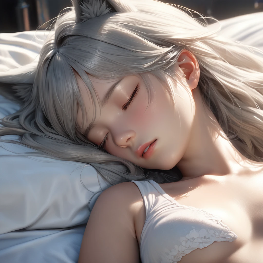 A silver-haired girl, half human and half wolf, sleeping peacefully on a soft bed, bathed in the warm sunlight, (detailed anatomical features, anime style:1.2), wolf-like ears, photo-realistic, (best quality,4k,8k,highres,masterpiece:1.2),ultra-detailed,(realistic,photorealistic,photo-realistic:1.37),stunning lighting, ethereal, serene, soft colors, glowing skin, anime, anime style