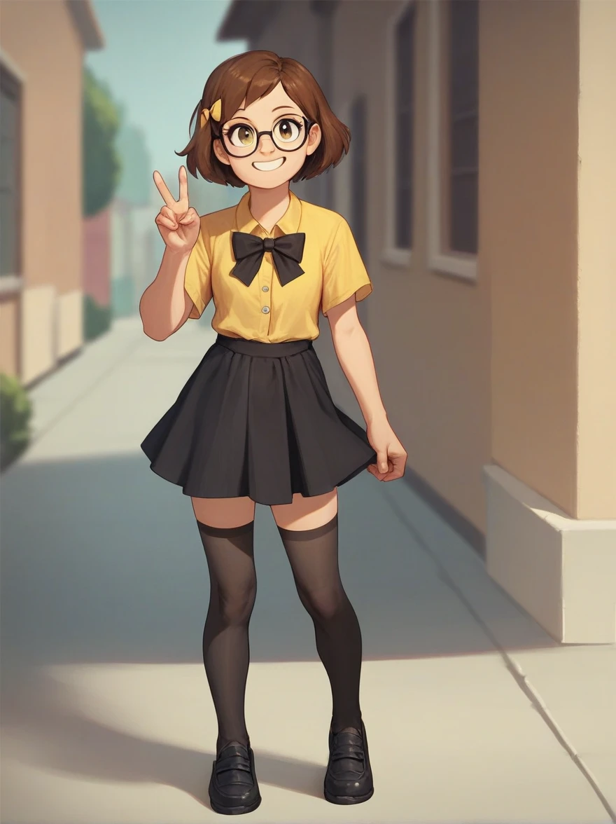 meg, brown hair, 1girl, glasses, solo, short hair, flat color, black stockings, black skirt, black shoes with a yellow bow on each shoe, yellow and black bow in hair, yellow shirt,standing, peace sign,  looking at viewer, smile, score_9, score_8_up, score_7_up, score_6_up, score_5_up, score_4_up