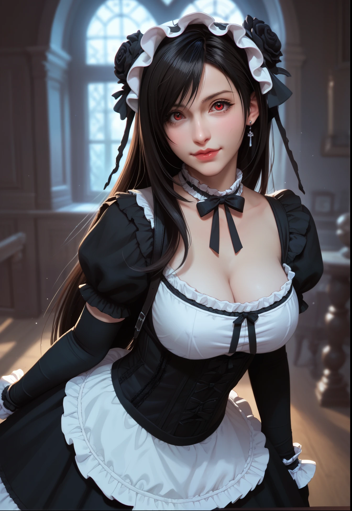 Tifa, Final Fantasy 7, gothic ta cosplay, stoic, spooky mansion,